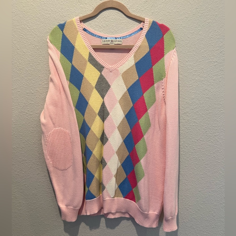 Vintage Tommy Hilfiger Pink V-Neck Sweater Colorful Argyle Pattern Cotton Sz 1X